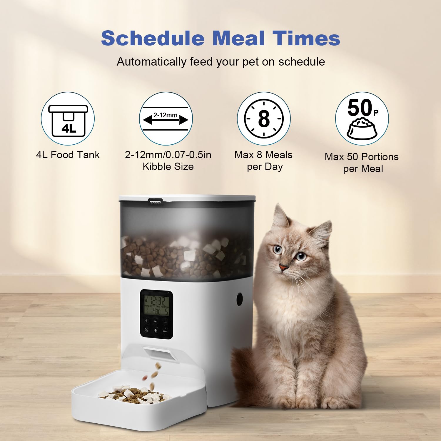 Andoll Home automatic cat feeder side view highlights durable construction for daily use.