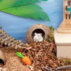 andwe coconut hut cozy bed inside provides extra comfort for resting.