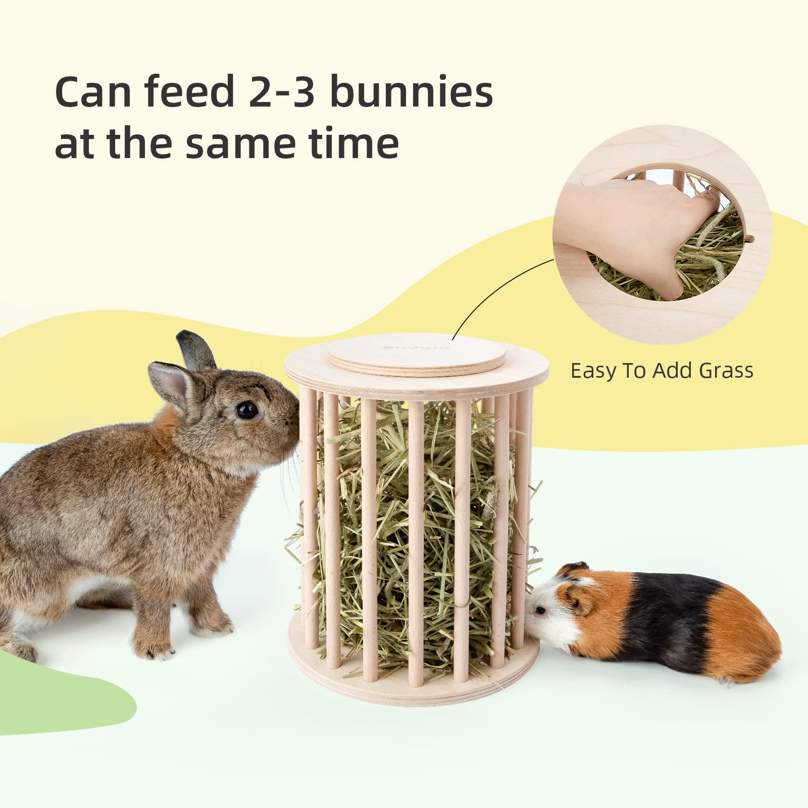 andwe hay feeder cylindrical-hay-holder in use with small pets for easy feeding.