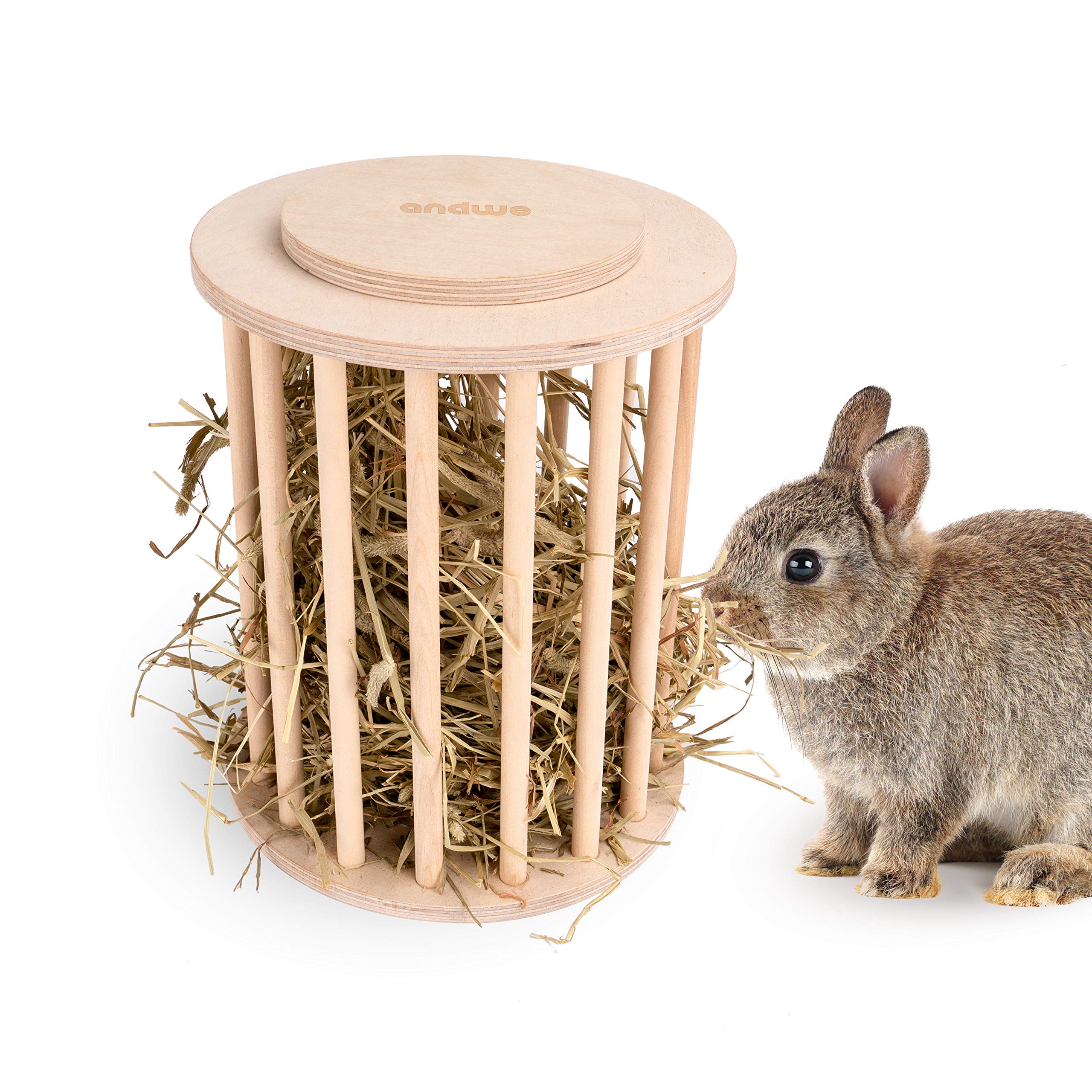 andwe hay feeder wooden-base close-up showing durable construction for rabbits and guinea pigs.