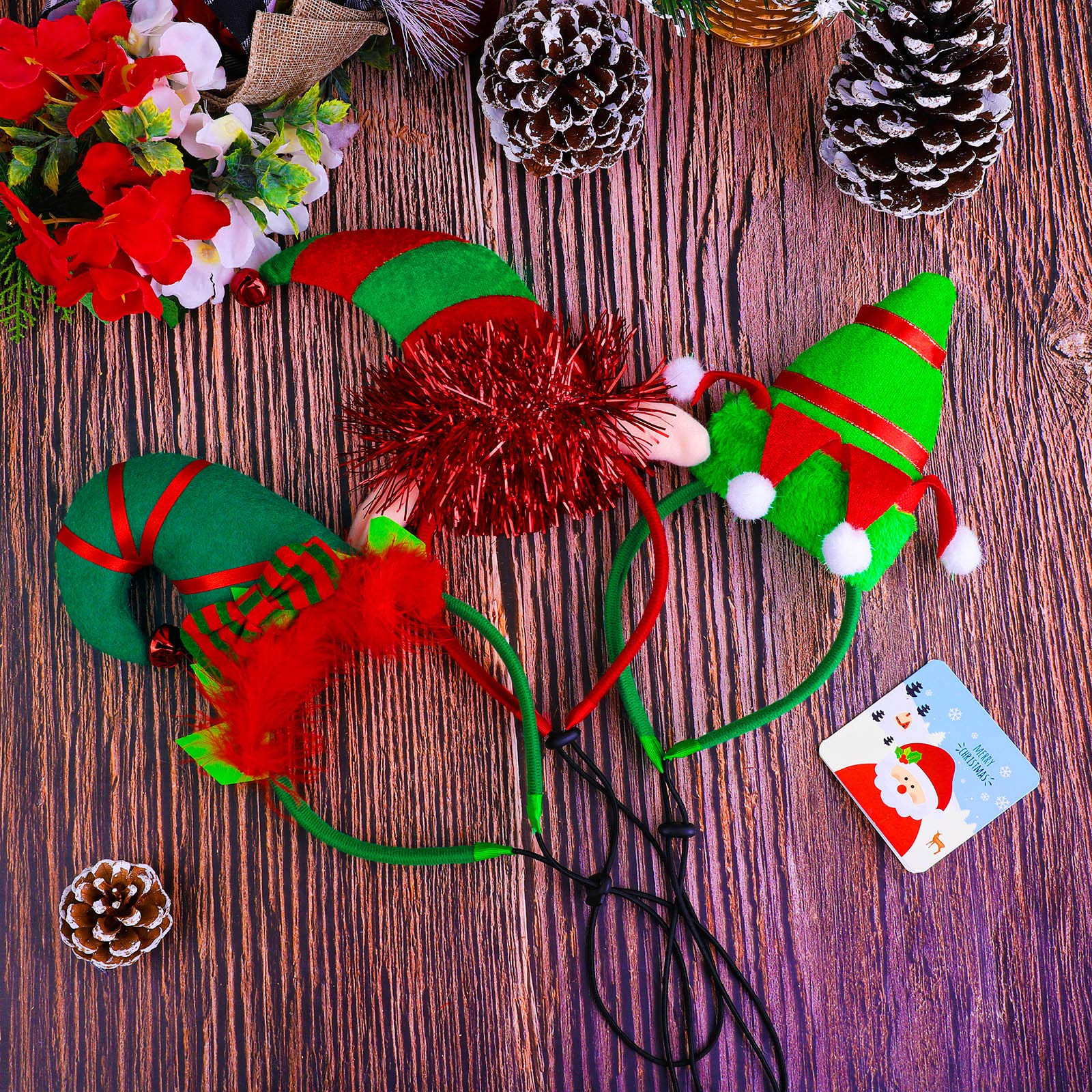 Aneco 3-pack elf headbands displayed for holiday photos and celebrations.