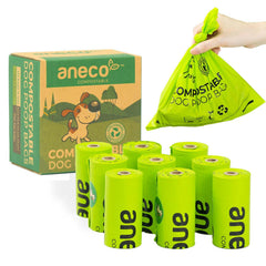 ANECO compostable dog poop bags in a box highlight natural materials for eco-cleanup.