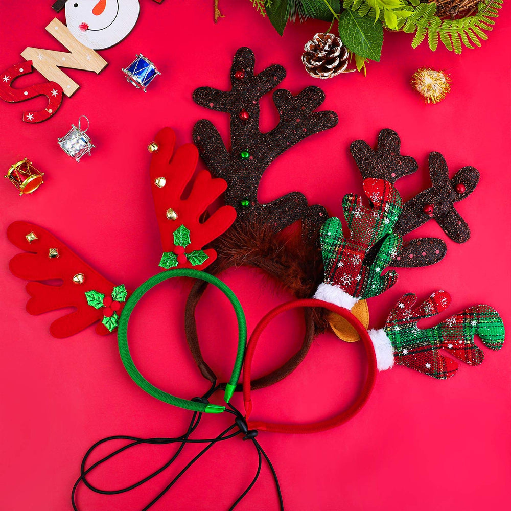 Three-pack Aneco reindeer headbands ready for quick style changes at a holiday setup.