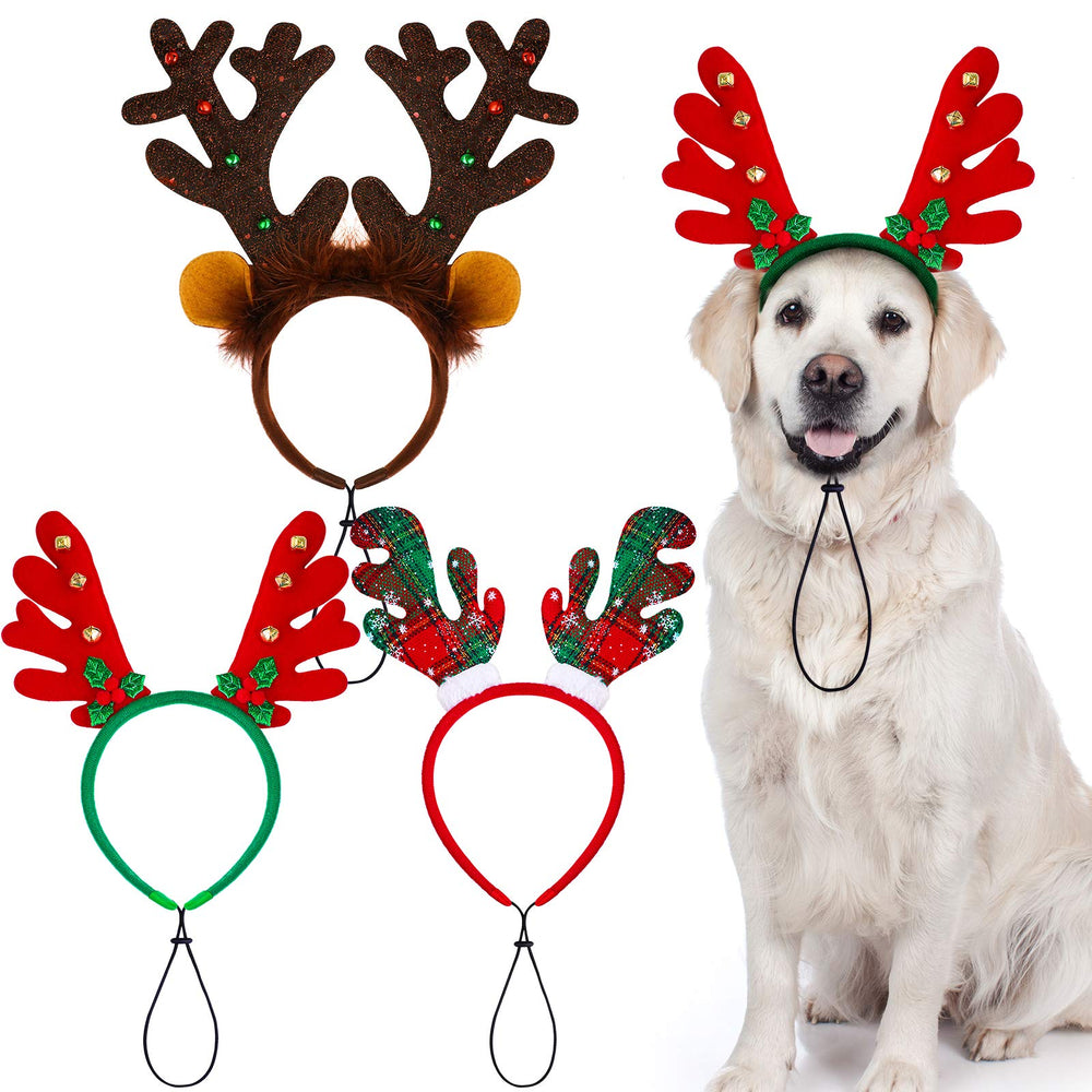 Aneco reindeer headband brown variant on a puppy for a festive photo moment.