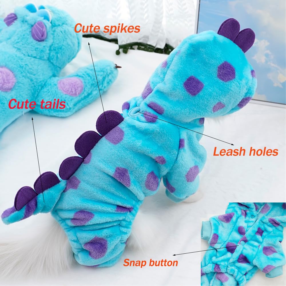 Anelekor dinosaur dog coat blue hood detail highlighting extra warmth.