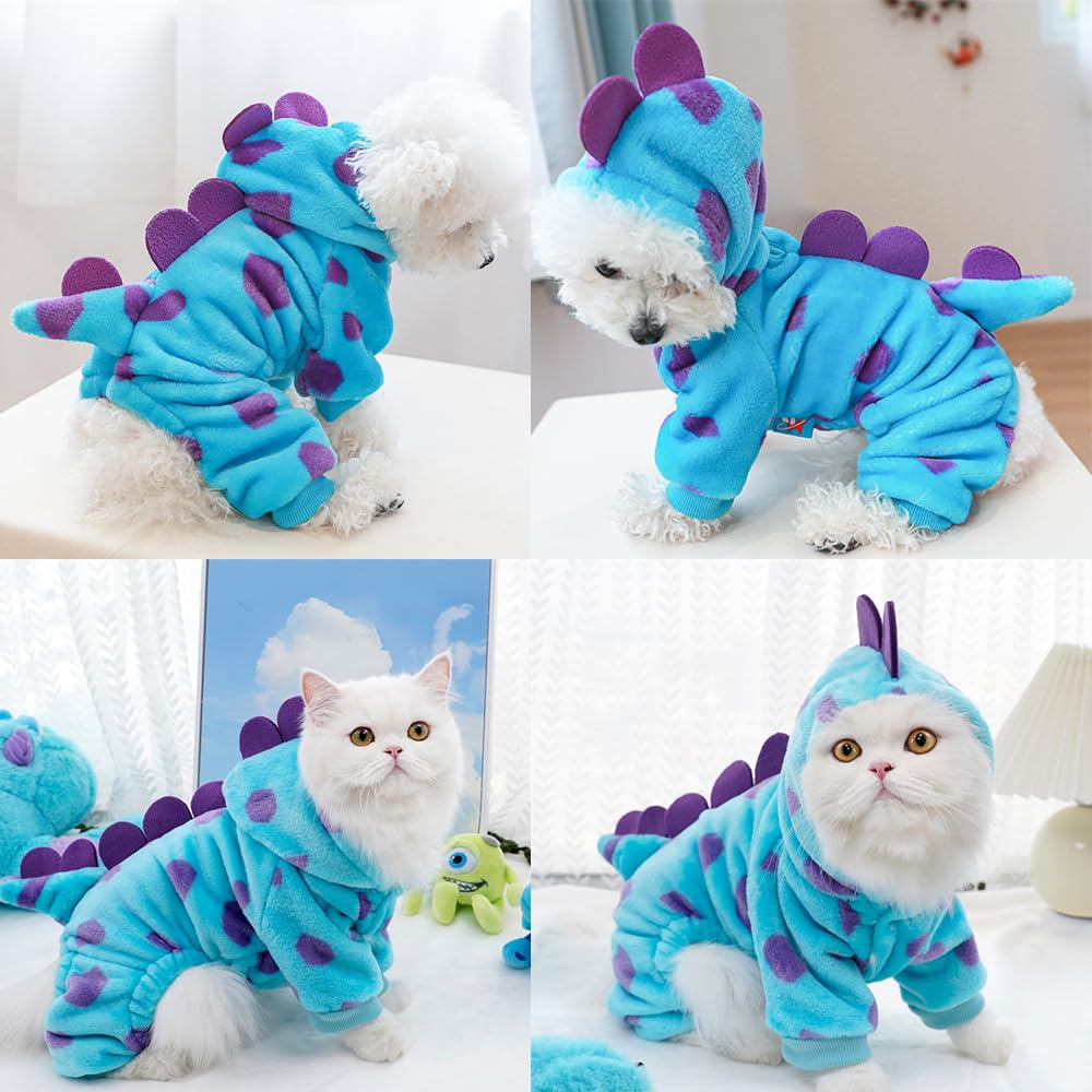 Anelekor dinosaur dog coat blue leash-hole design enables easy leash attachment.