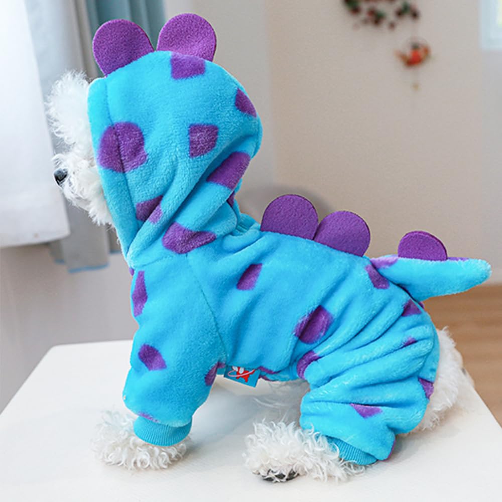 Anelekor dinosaur dog coat blue side profile with leash hole for easy walks.