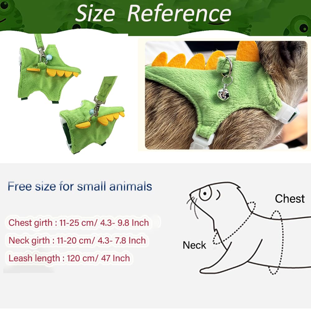 Anelekor green dinosaur harness worn by small pets during supervised outdoor walking.