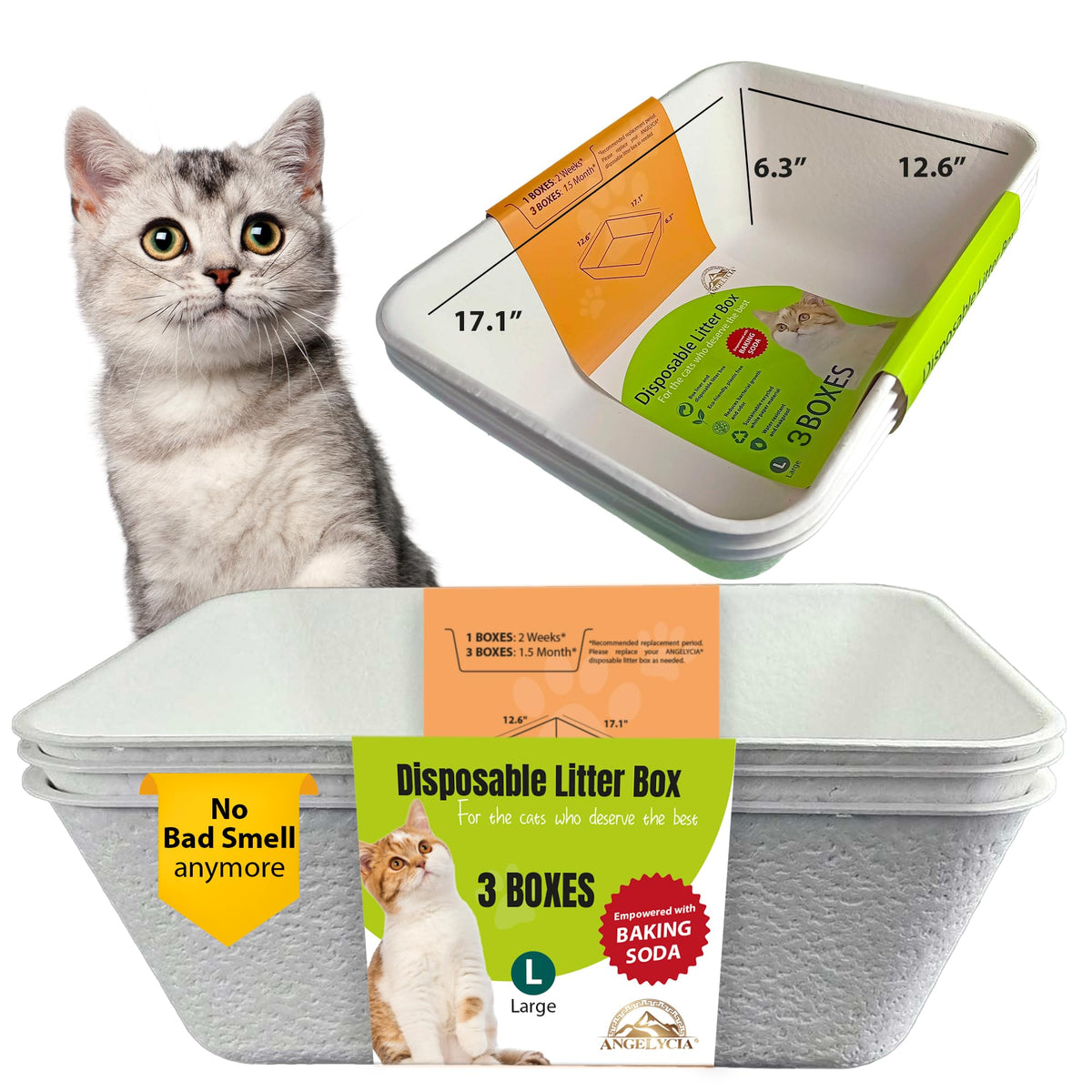ANGELYCIA disposable litter boxes packaged for easy disposal.