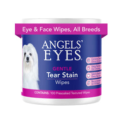 ANGELS' EYES Gentle Tear Stain Wipes packaging shows a 100-count tub for easy care