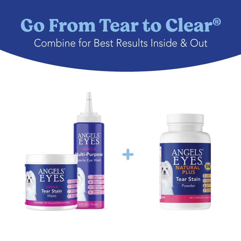 ANGELS' EYES Natural Plus powder poured into a dog's meal bowl.
