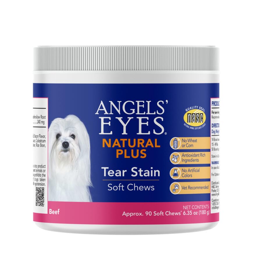 ANGELS' EYES Natural Plus soft chews beef bottle pour demonstrates convenient daily use for tear stain support.