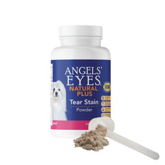 ANGELS' EYES NATURAL PLUS tub-front packaging signals trusted eye health support for dogs.
