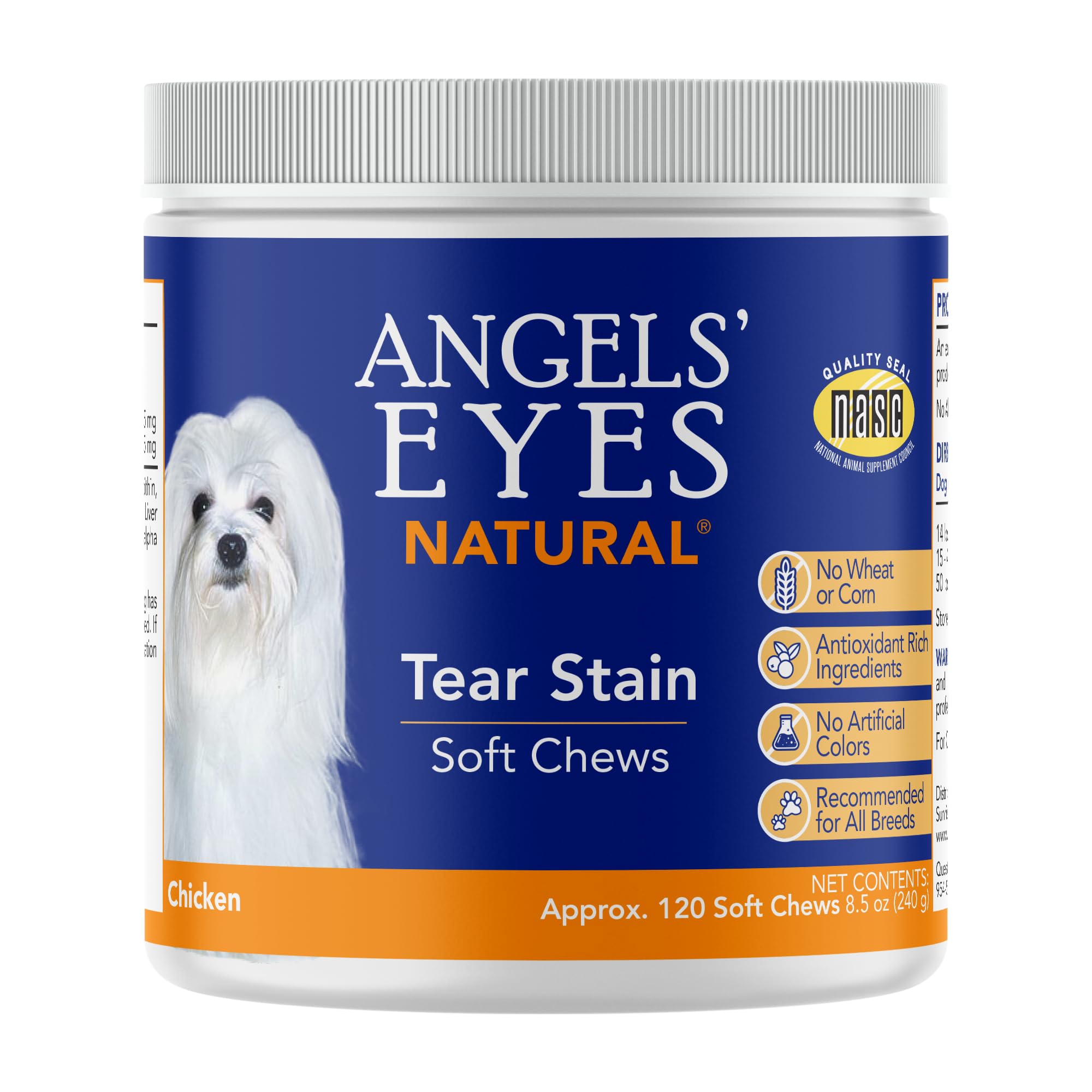 ANGELS' EYES natural tear stain chews bottle front view showing product packaging for pets