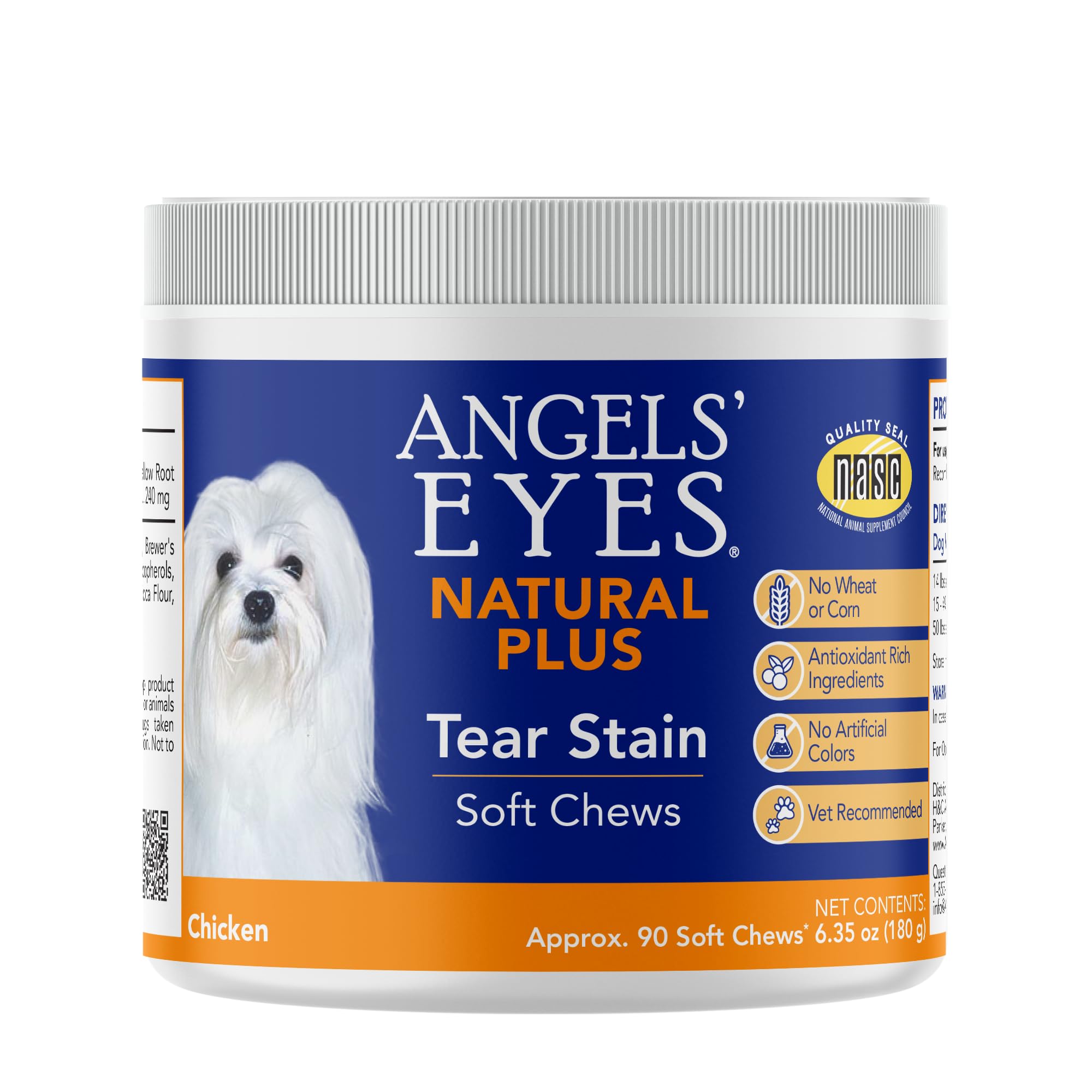 Angels' Eyes bottle close-up—chicken chews for tear-stain management.