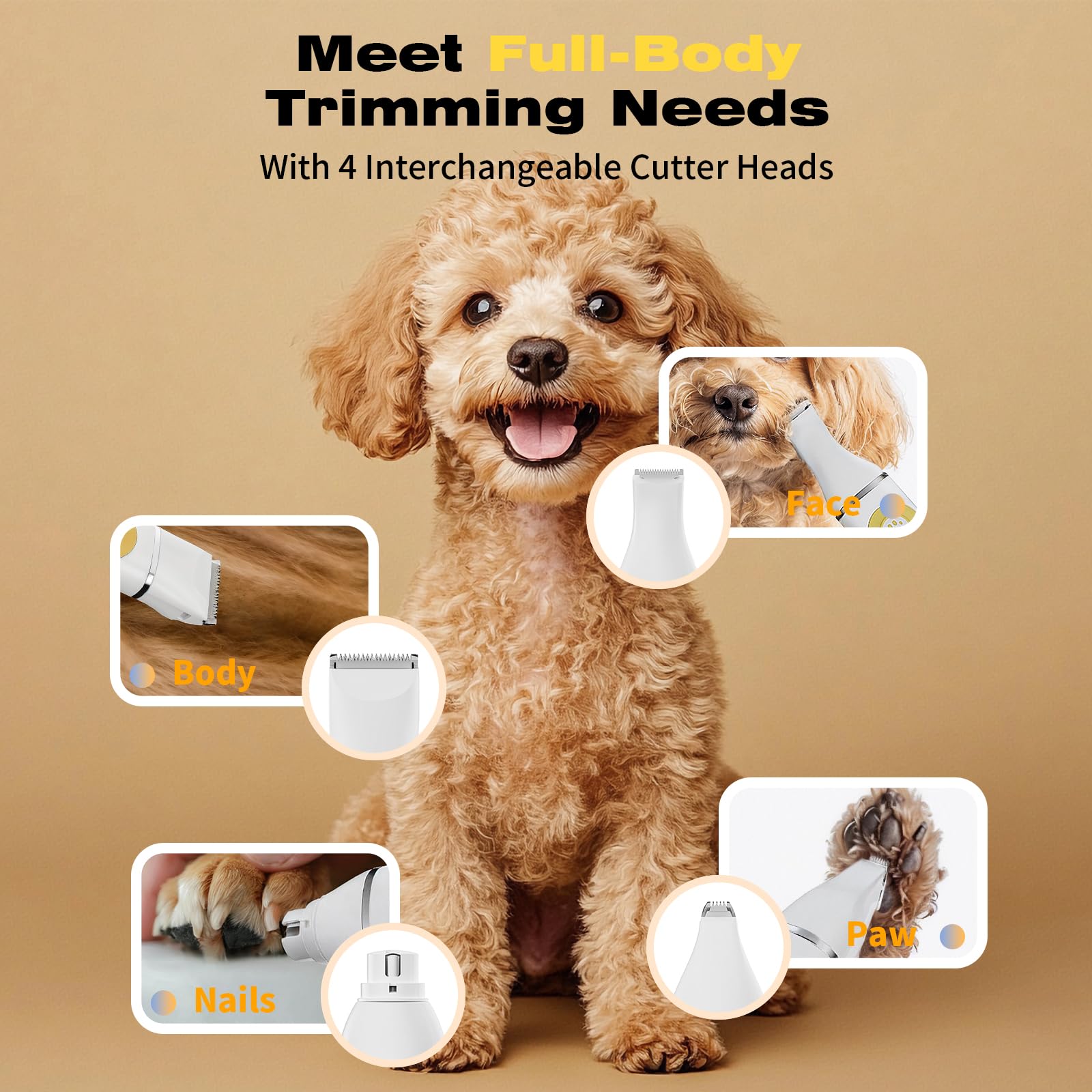 AngFan 4-in-1 heads close-up demonstrating versatile grooming options for dogs and cats