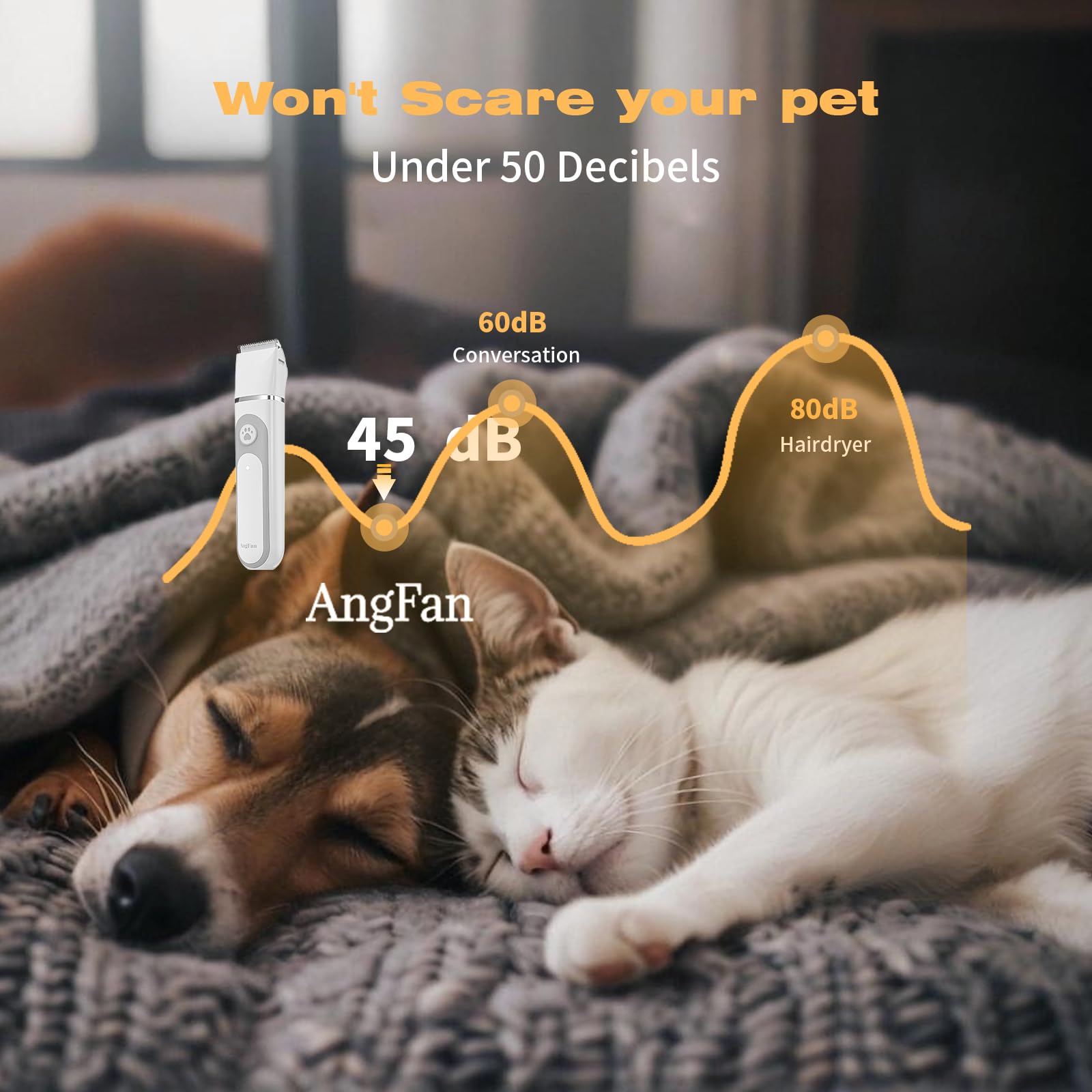AngFan quiet 6000rpm motor close-up illustrating low-noise operation for calm pets