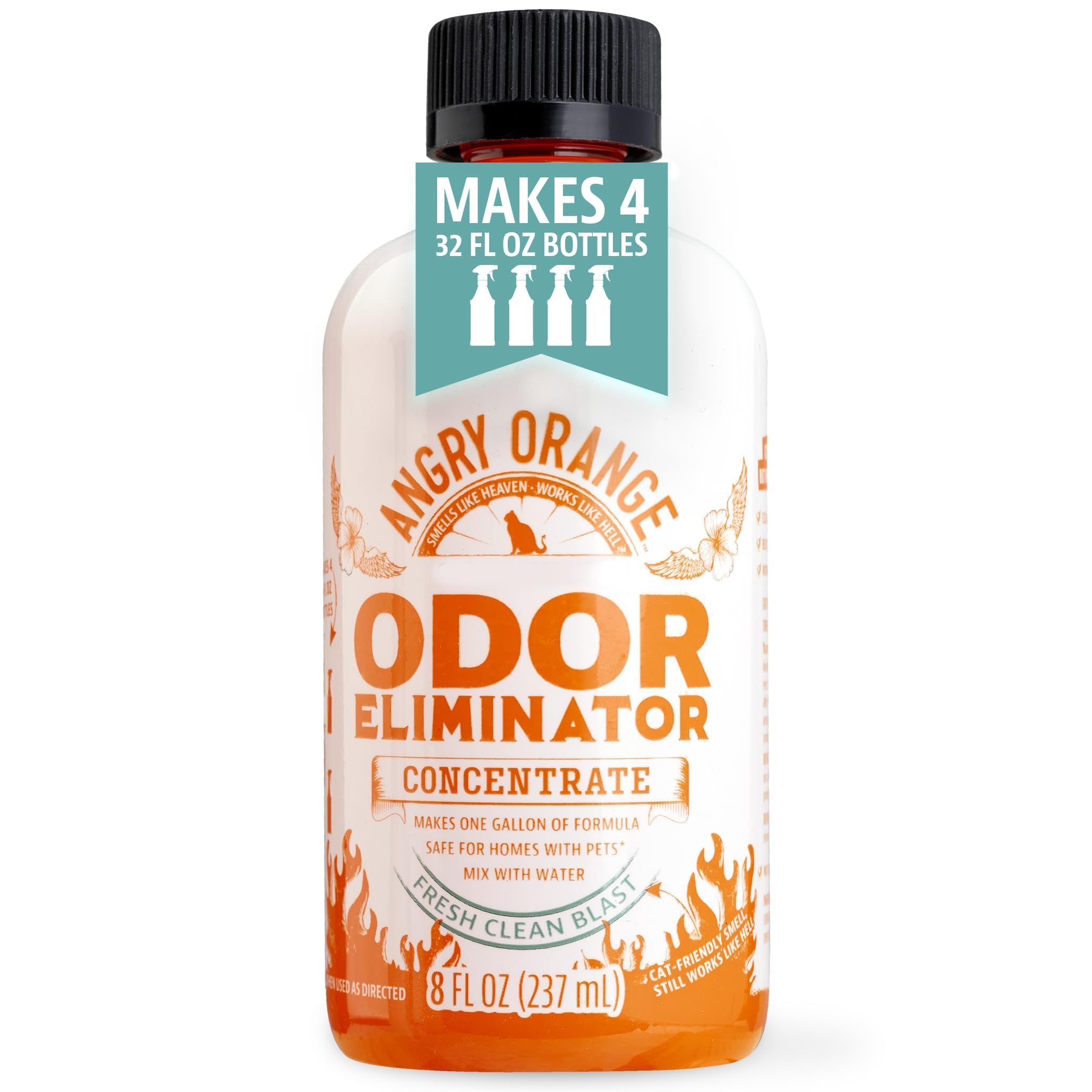Angry Orange pet odor eliminator concentrate bottle front for strong odor control.