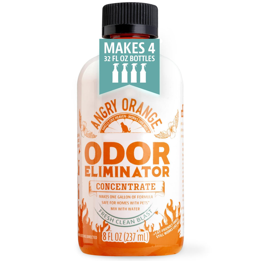 Angry Orange pet odor eliminator concentrate bottle front for strong odor control.