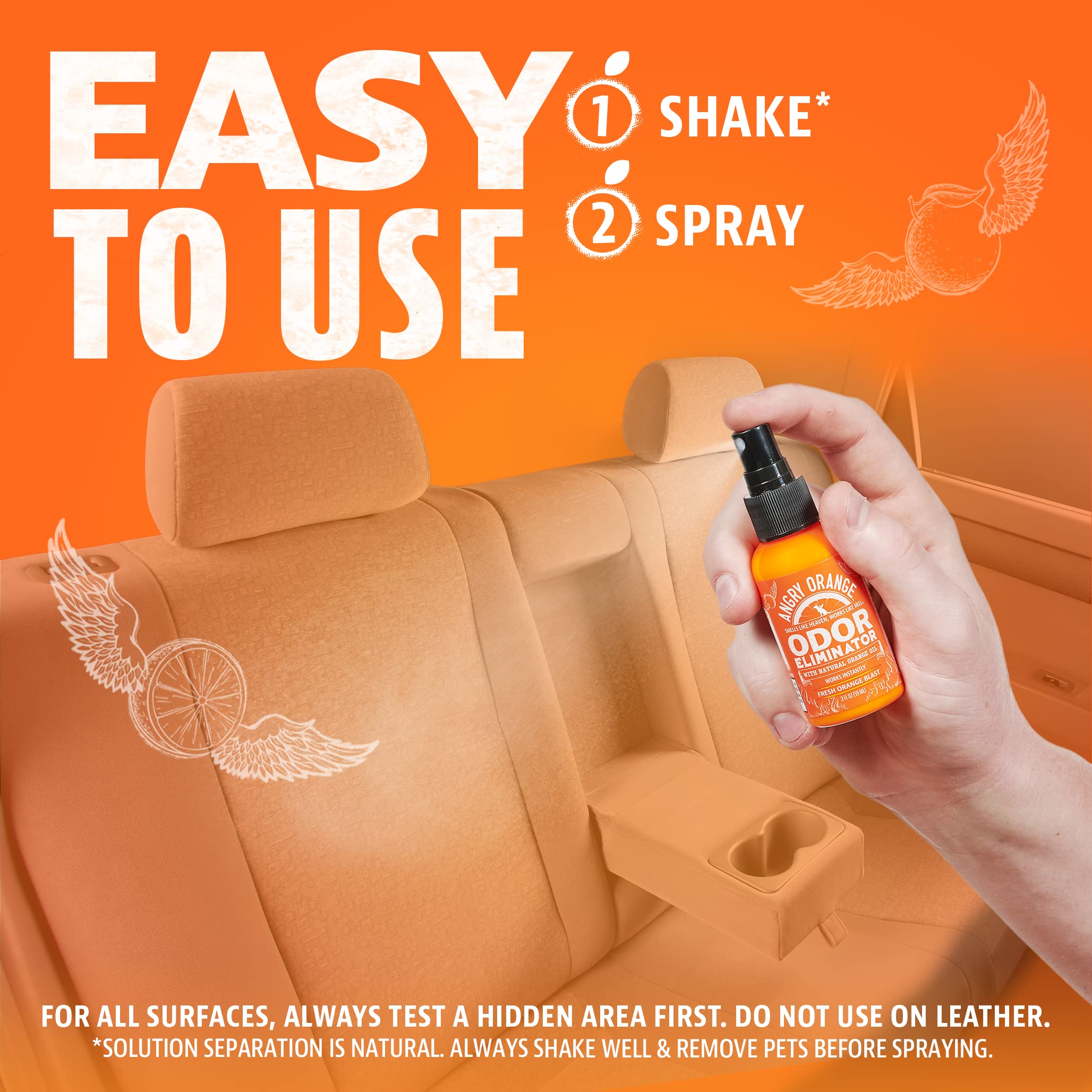 Angry Orange two-ounce label closeup emphasizes compact travel size for trips.