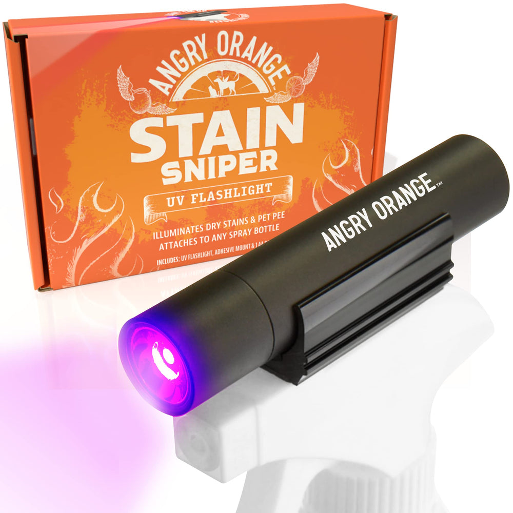 Angry Orange UV Flashlight reveals hidden pet urine stains on carpets.