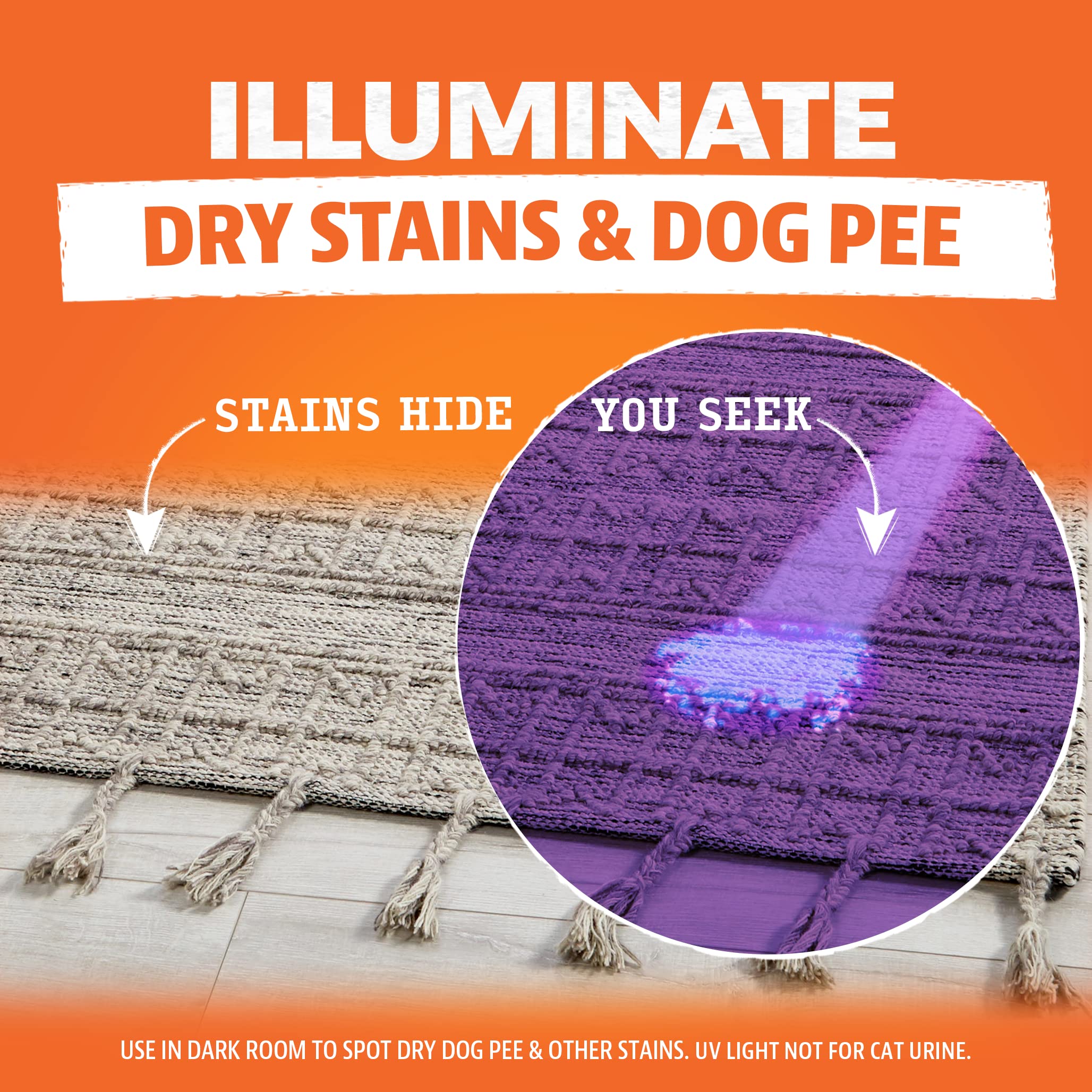 Angry Orange UV Flashlight highlights stains on carpets and upholstery.