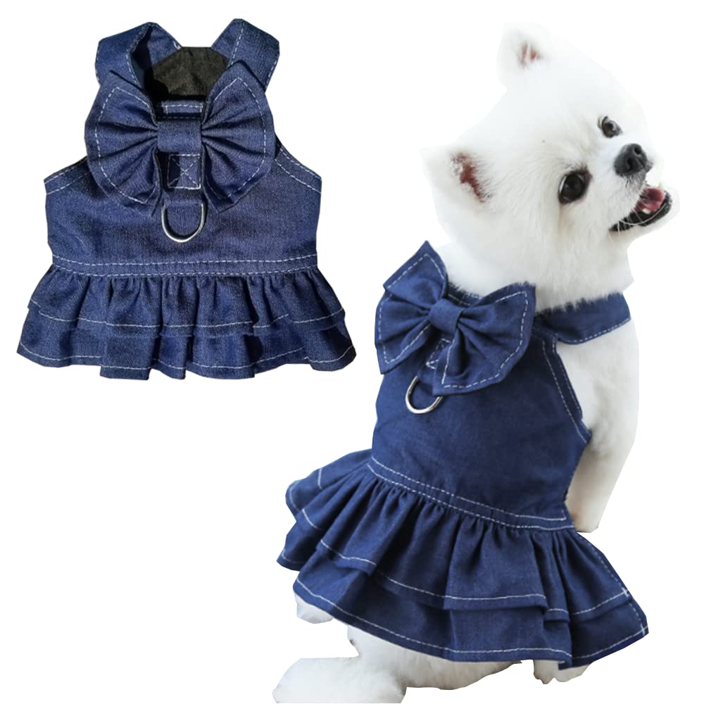 ANIAC denim dress on a small dog with blue bow for stylish outings.