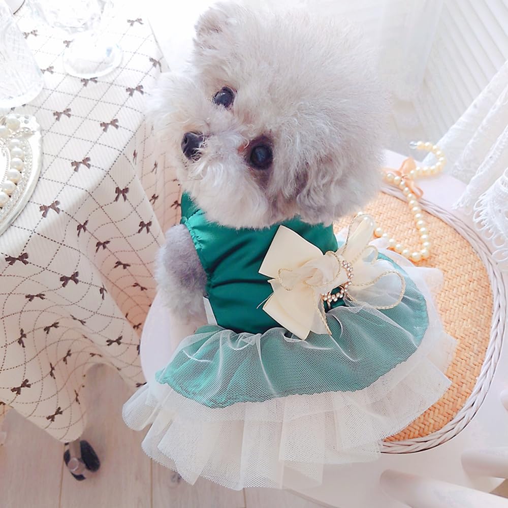 ANIAC retro dog tulle dress green back view shows seamless fit and poised charm.