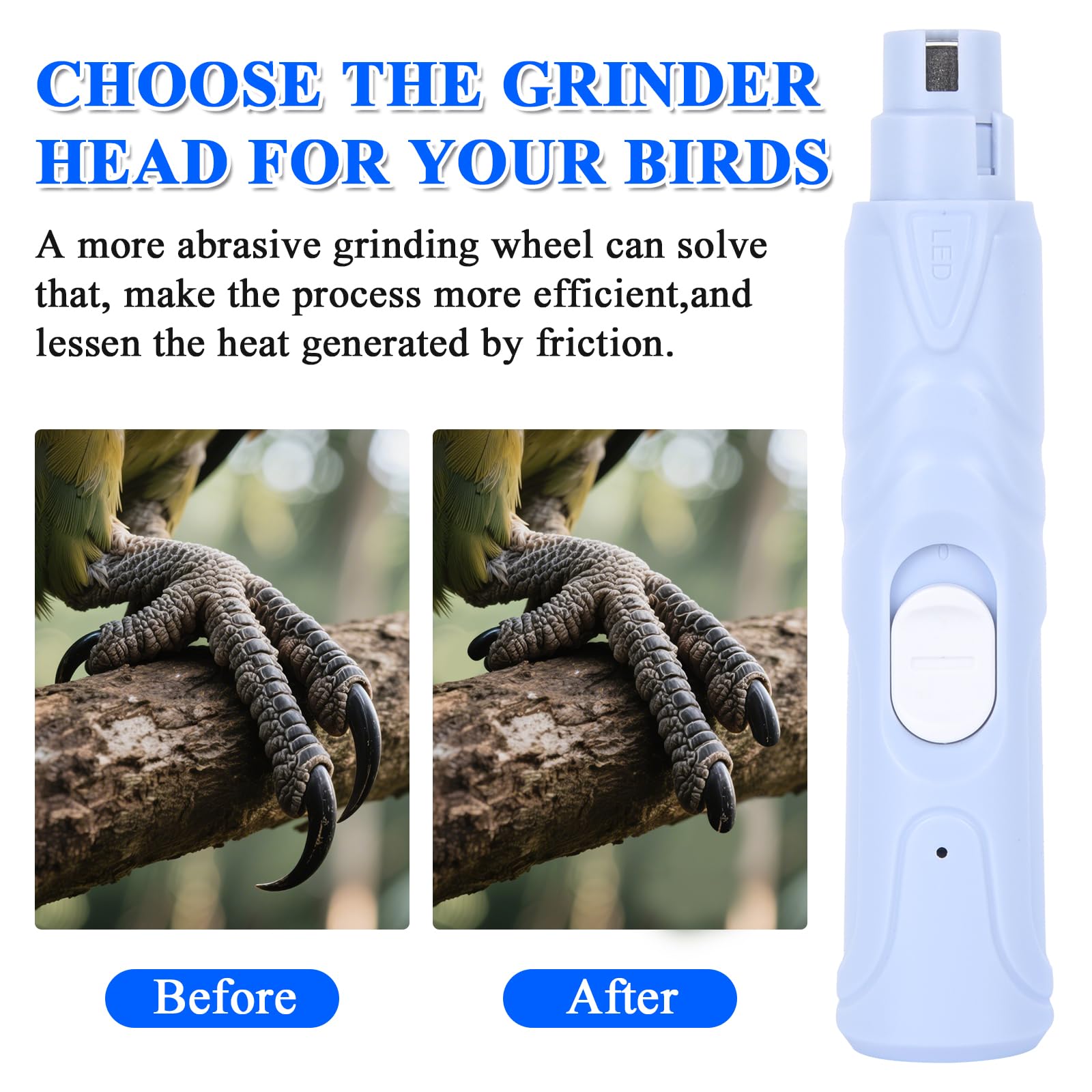 Anicuta Bird Nail Grinder long-lasting battery enables travel-ready grooming.