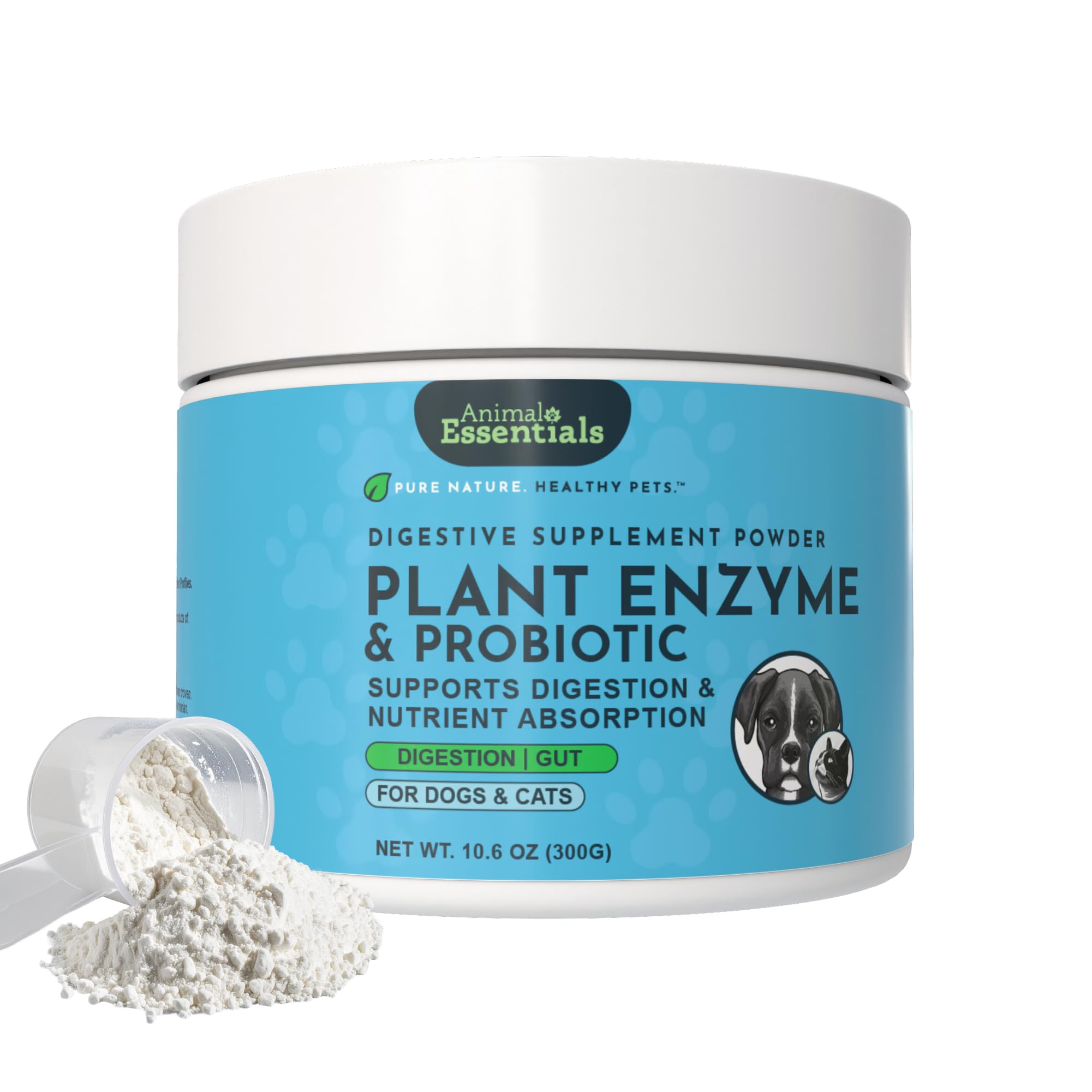 Animal Essentials plant enzyme and probiotics bottle highlights natural digestive support for pets