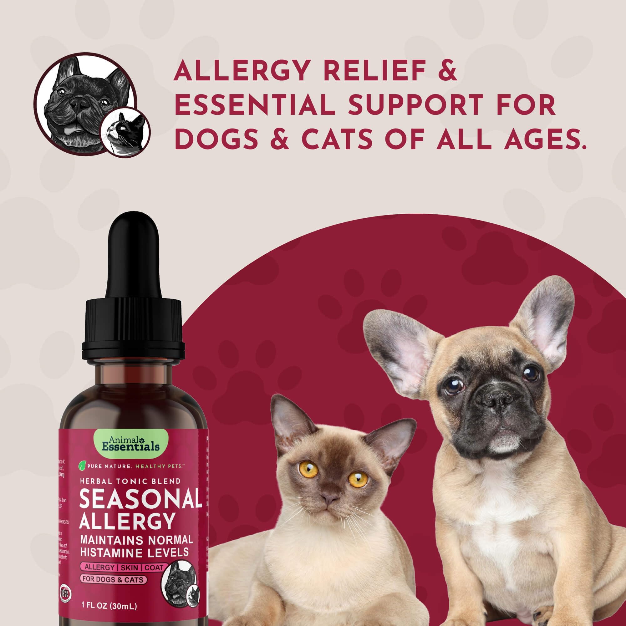 Animal Essentials seasonal allergy dog skin support highlights gentle herbal blend for sensitive skin.
