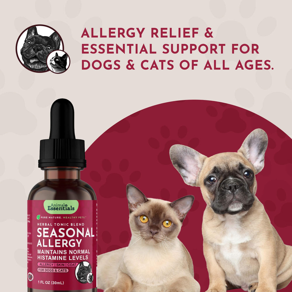 Animal Essentials seasonal allergy dog skin support highlights gentle herbal blend for sensitive skin.