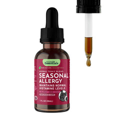 Animal Essentials seasonal allergy for dogs bottle shows organic liquid herbal support for seasonal comfort.