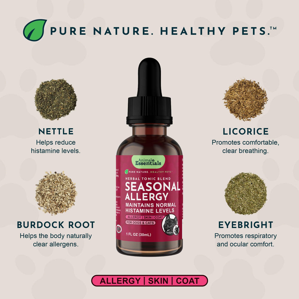 Animal Essentials seasonal allergy dog herbal blend close-up highlights organic ingredients for pets.
