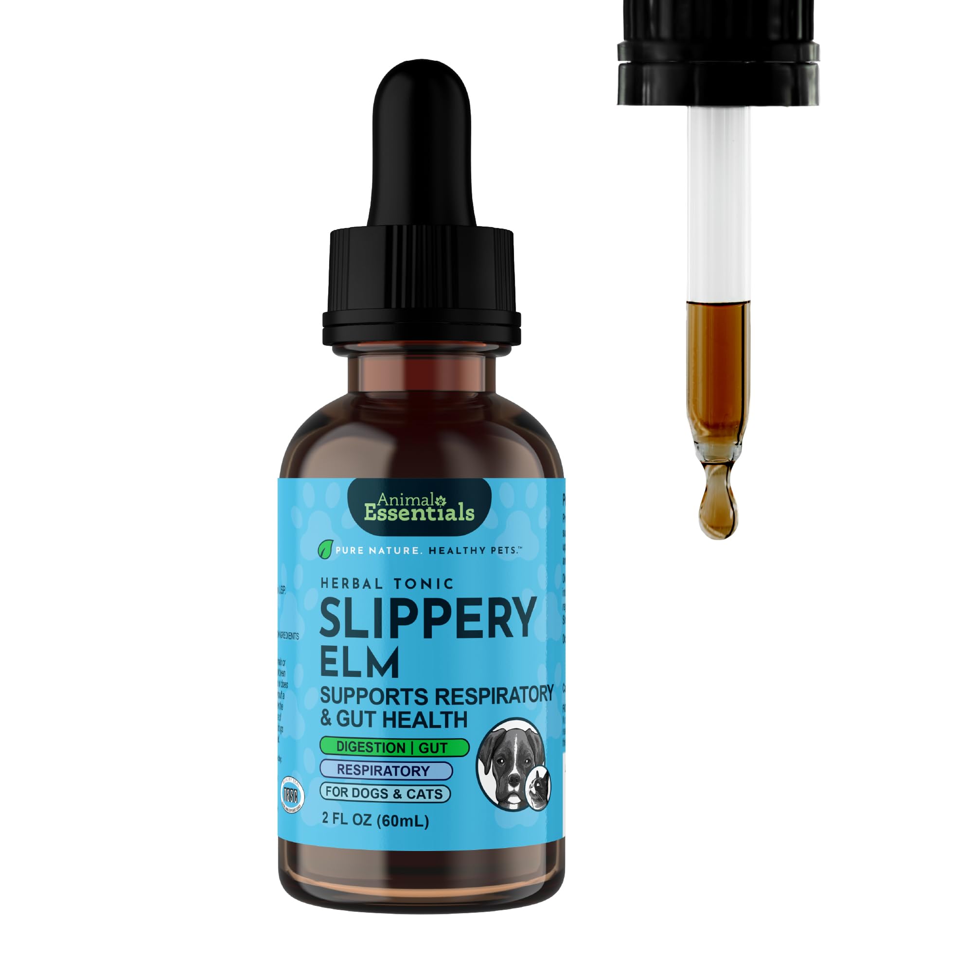 Animal Essentials Slippery Elm bottle with organic digestive drops for pets.