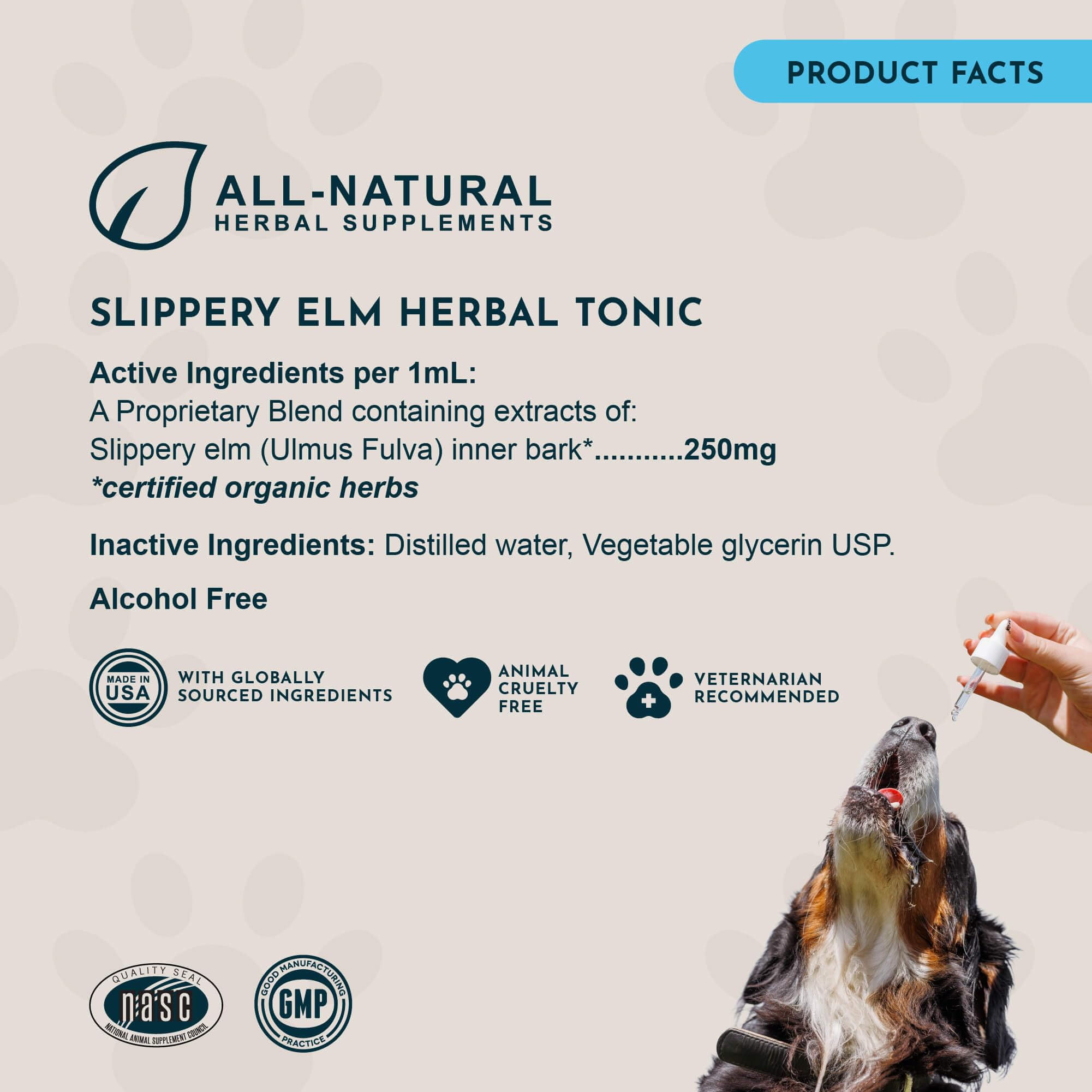 Animal Essentials Slippery Elm dog and cat use scene with liquid drops.