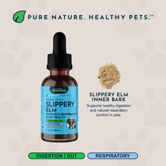Animal Essentials Slippery Elm label closeup highlighting organic herbs for gut comfort.