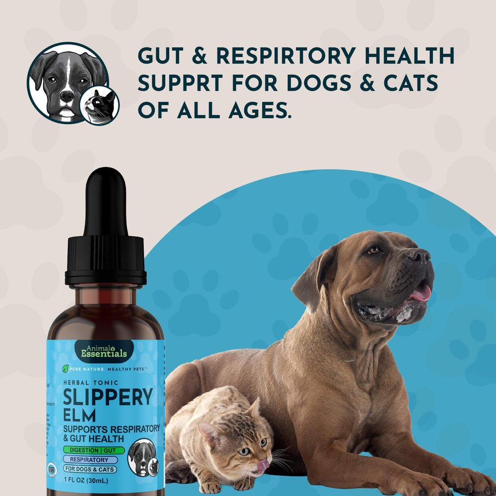 Animal Essentials Slippery Elm liquid formulation emphasizing glycerin base for gentle administration.