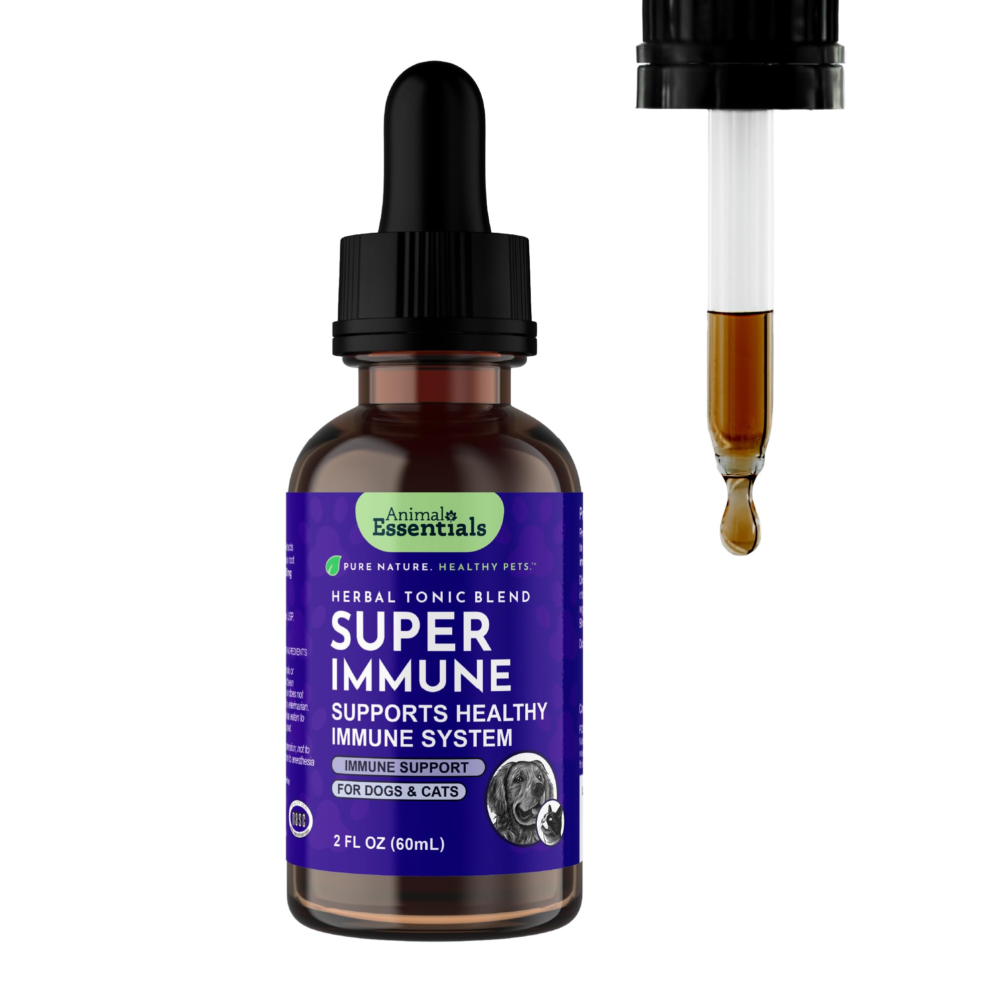 Animal Essentials Super Immune bottle pour enables easy dosing for pets.