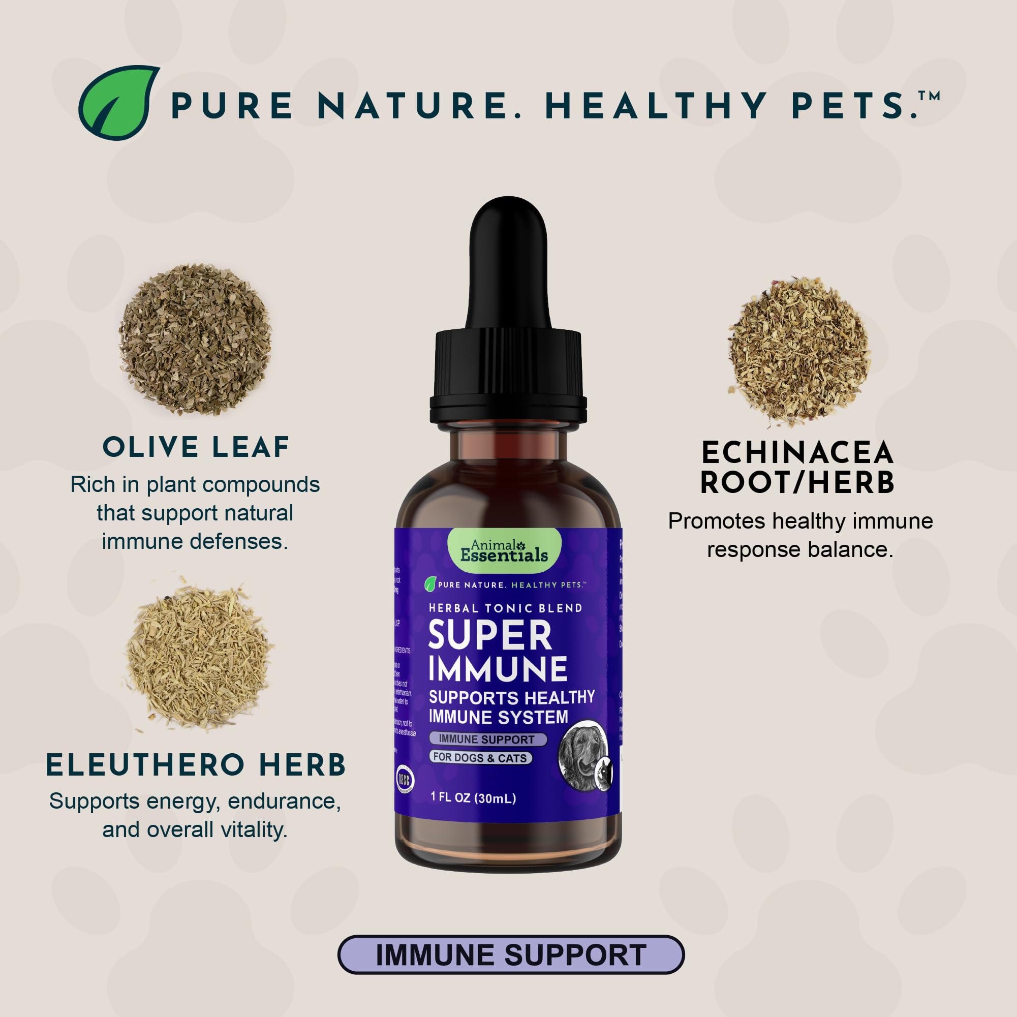 Animal Essentials Super Immune olive leaf blend highlights natural immune support.
