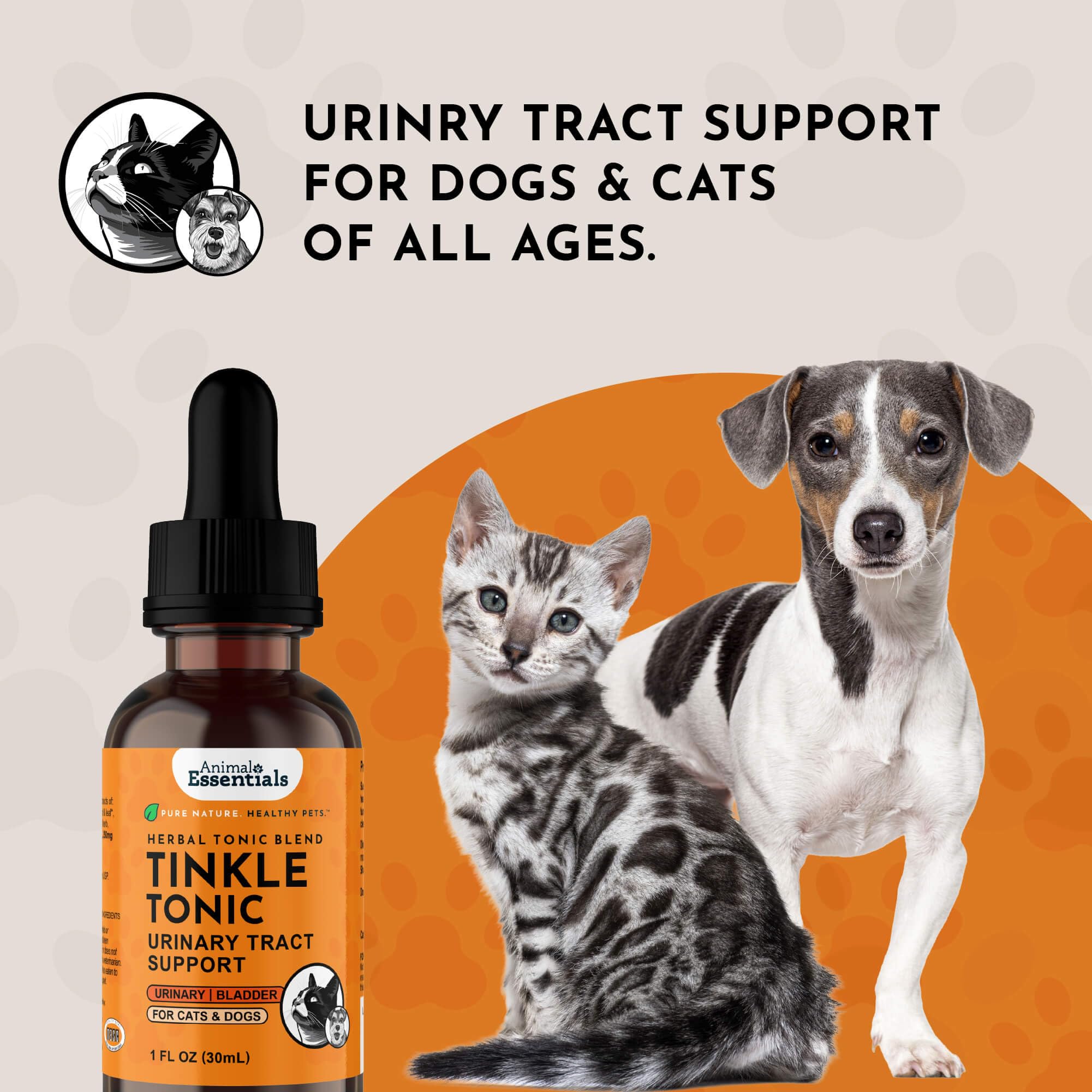 Animal Essentials Tinkle Tonic bottle in amber glass on a clean surface