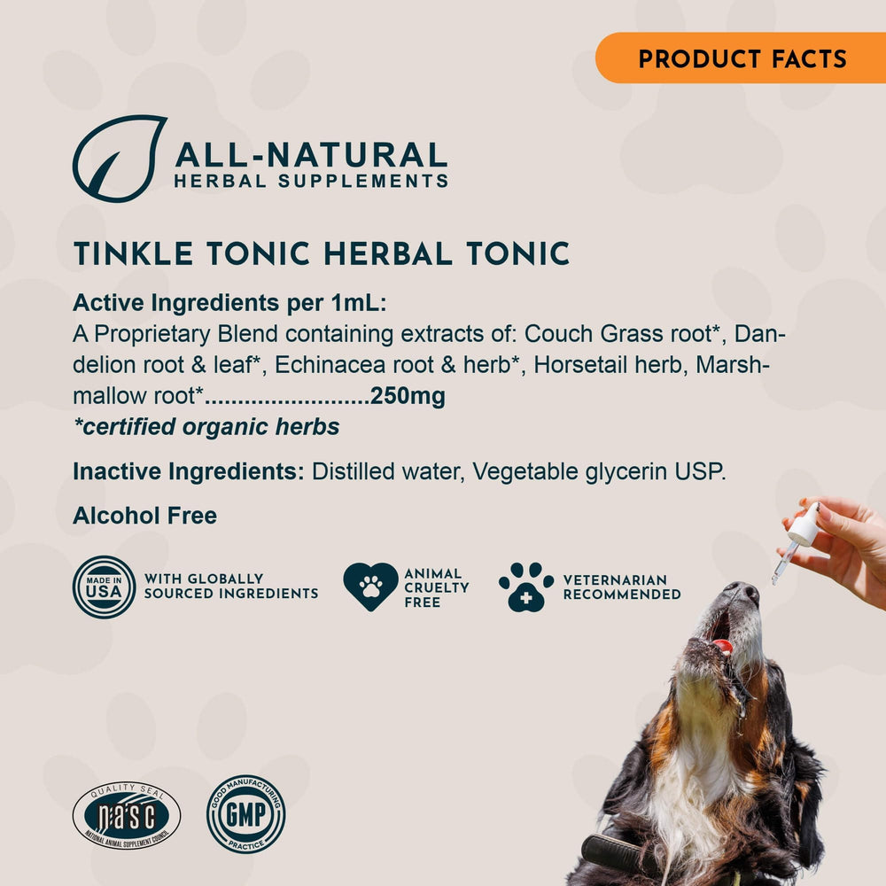 Animal Essentials Tinkle Tonic herbal blend with marshmallow root, dandelion, and echinacea for urinary wellness