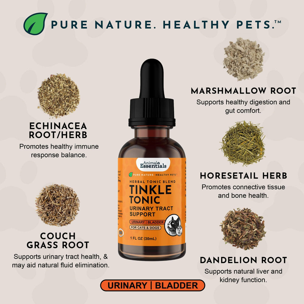 Animal Essentials Tinkle Tonic label close-up emphasizing herbal blend for urinary wellness