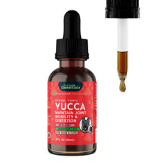 Animal Essentials Yucca bottle closeup highlighting organic herbs for joint support