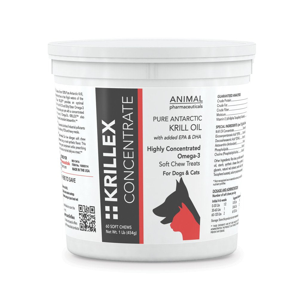 Animal Pharmaceuticals Krillex Concentrate bottle highlighting skin and coat support, may help itchy skin.