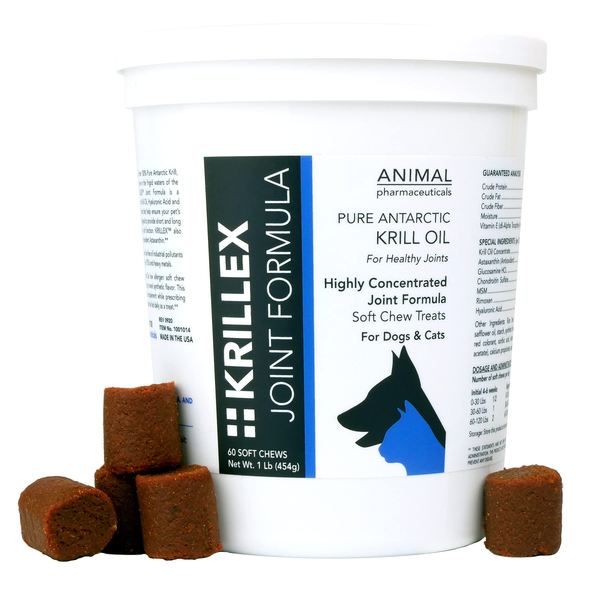 Animal Pharmaceuticals Krillex joint formula packaging showing product label and bottle.