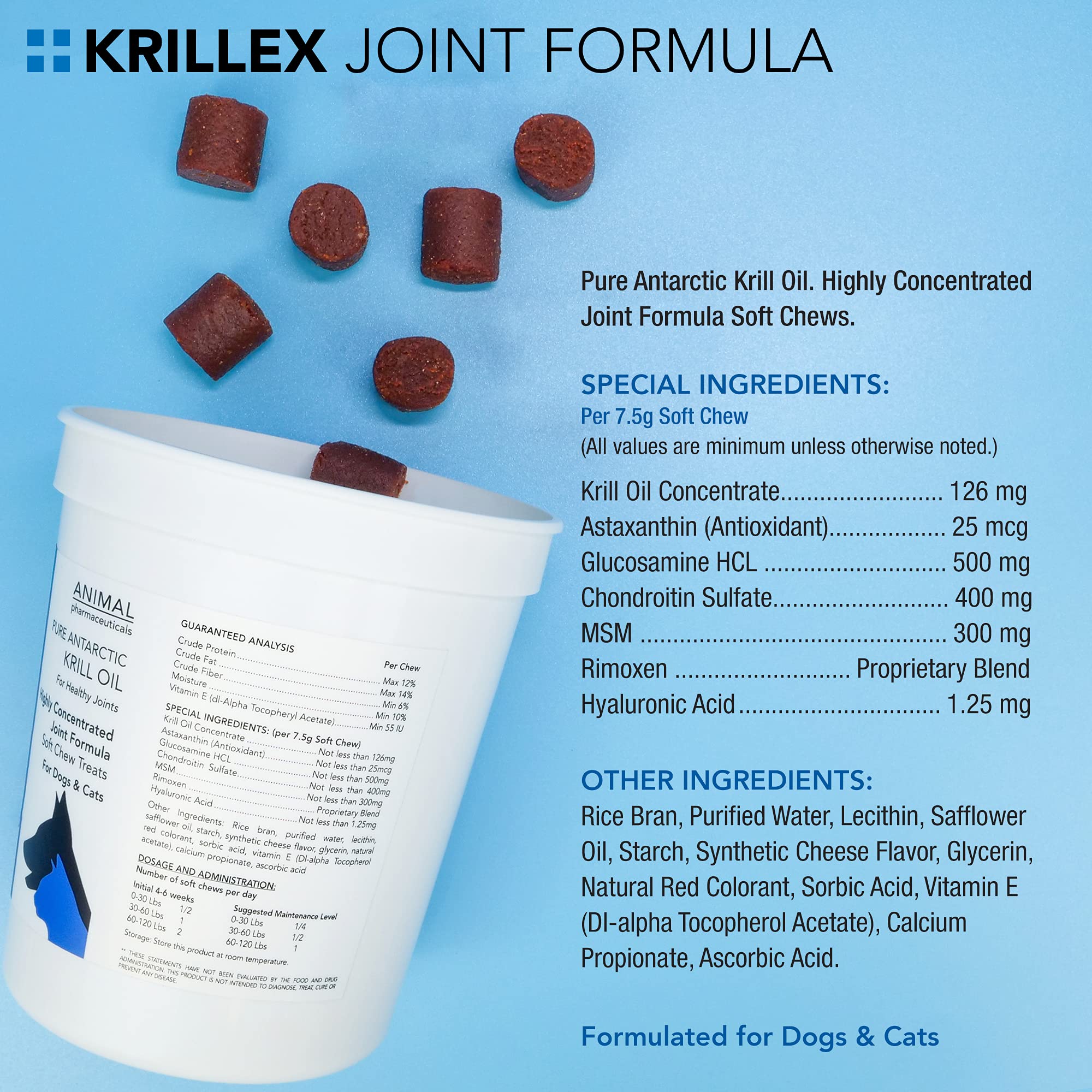 Animal Pharmaceuticals Krillex omega-3 krill oil chews for dogs and cats.