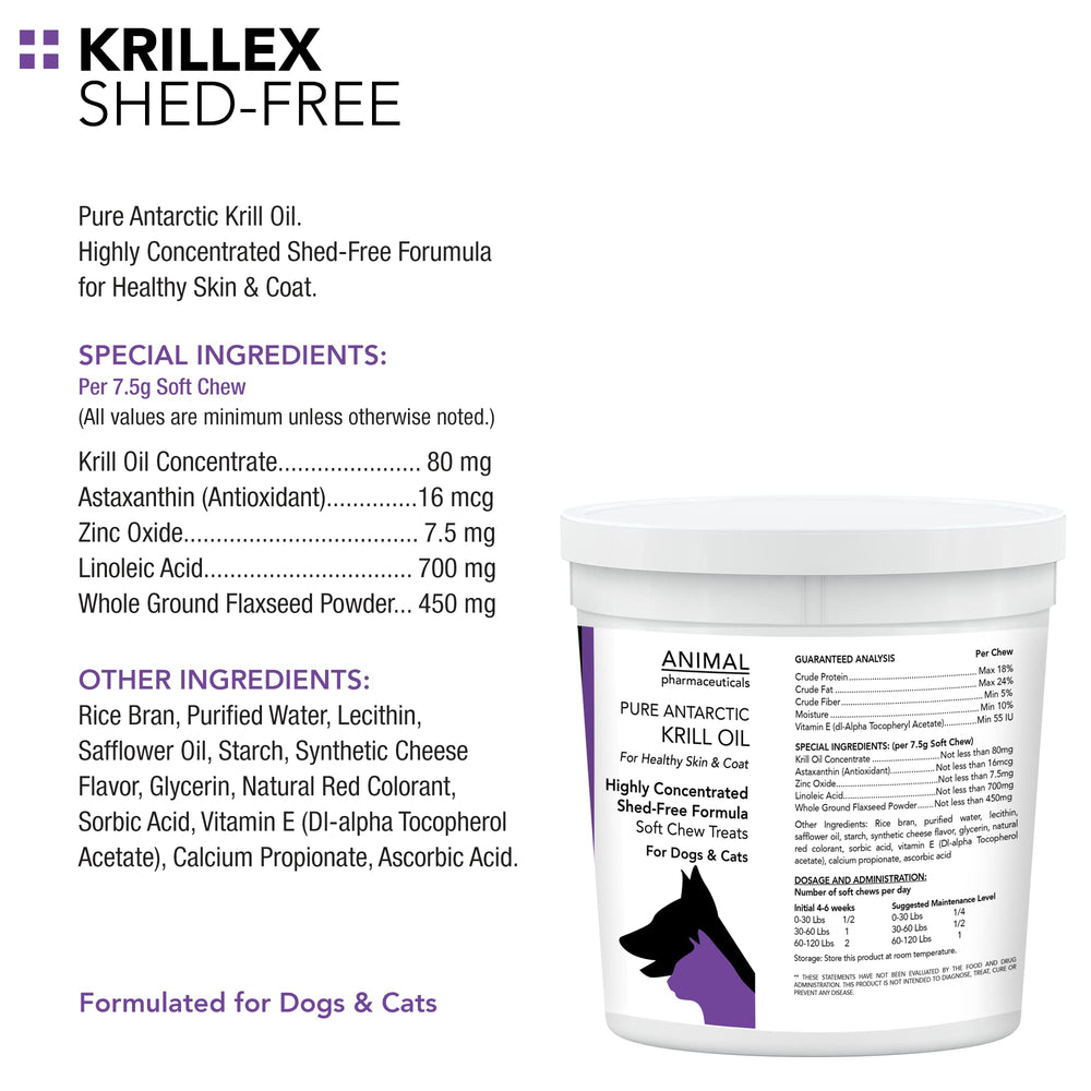 Animal Pharmaceuticals Krillex Shed-Free Chews close-up of cheese-flavored chews for skin health