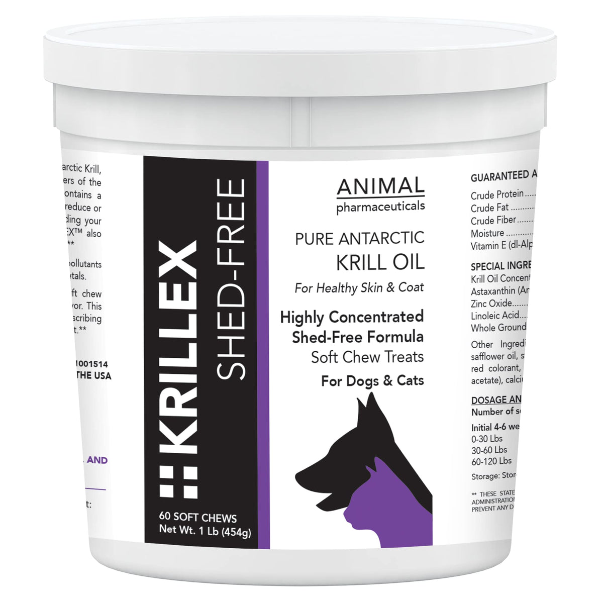 Animal Pharmaceuticals Krillex Shed-Free Chews jar showing shedding-support for pets