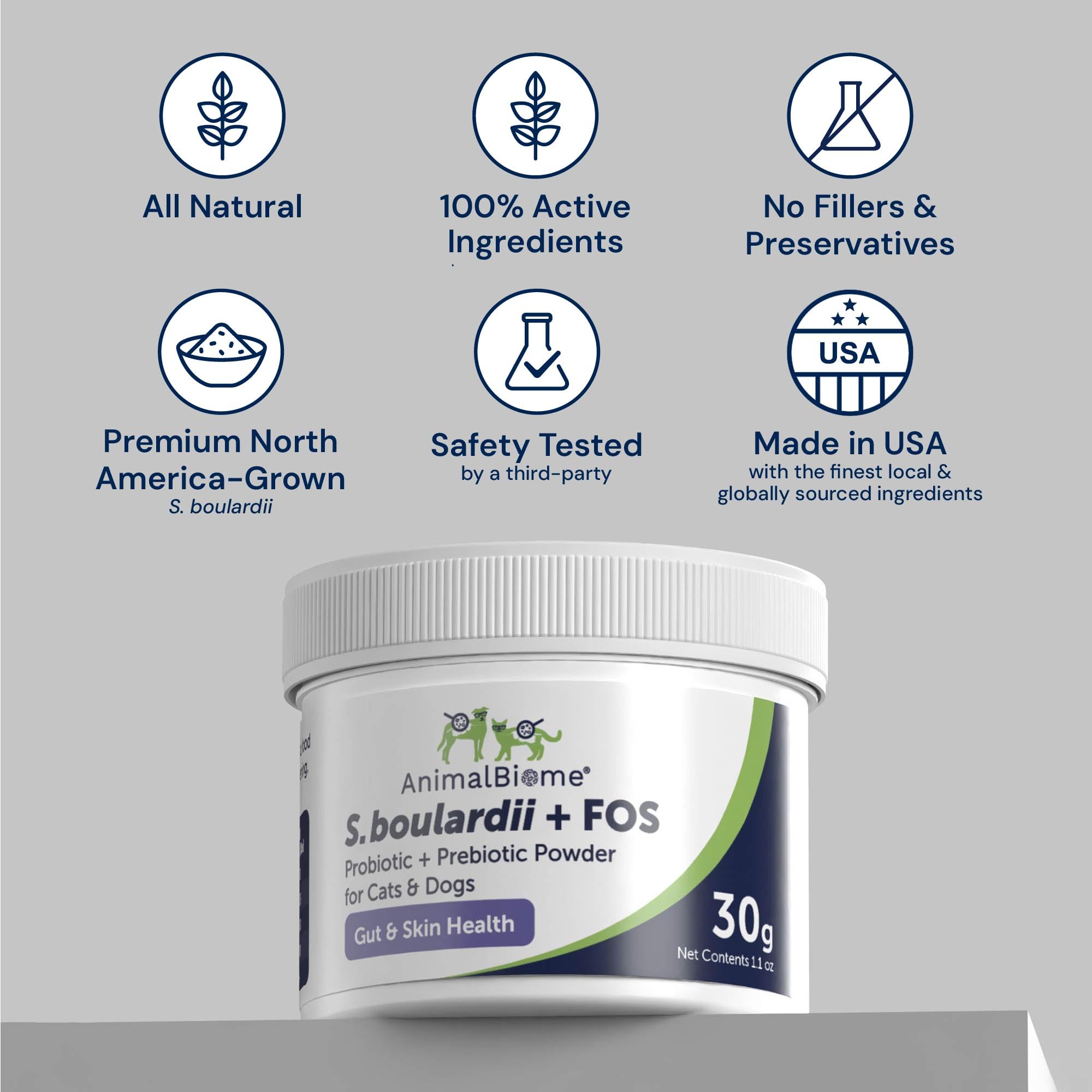 AnimalBiome S boulardii + FOS powder dosing spoon shows easy daily administration.
